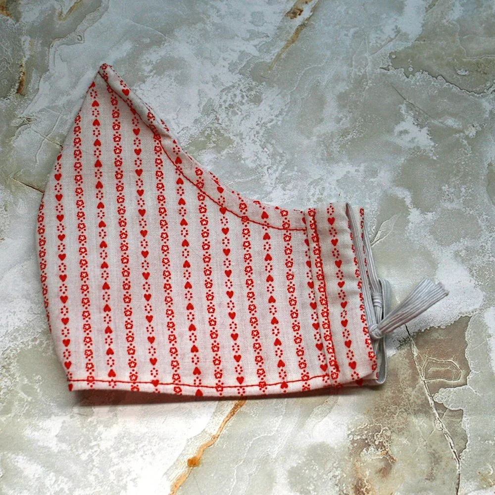 HAND CRAFTED Face Mask Hearts Stripe Adult Cloth Fabric Print - Shield Style